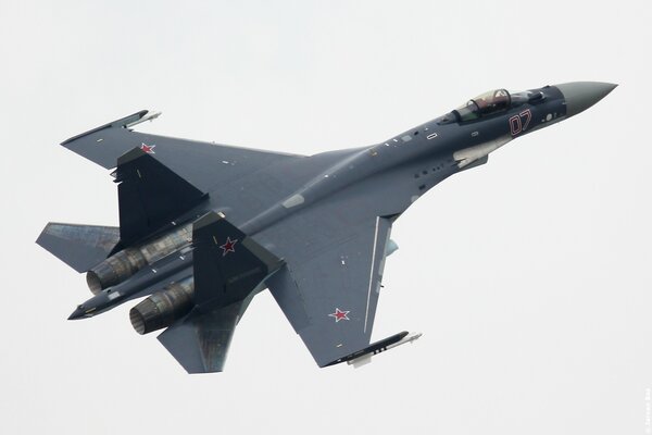 Russian Su-35 fighter in the sky close-up