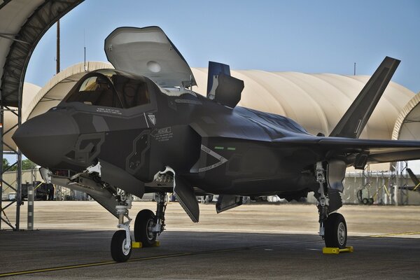 Turbo propeller military aircraft f-35 is in the hangar