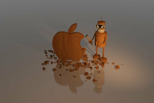 A wooden man makes an apple