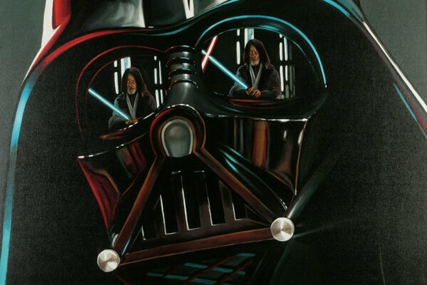 La maschera di Star Wars riflette un uomo con una spada laser