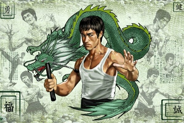 Schauspieler bruce lee im mohn auf dem Hintergrund eines grünen Drachen