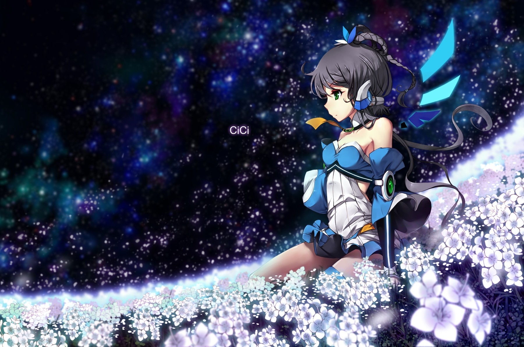 ciel luo tianyi cheveux noirs espace fleurs attacher