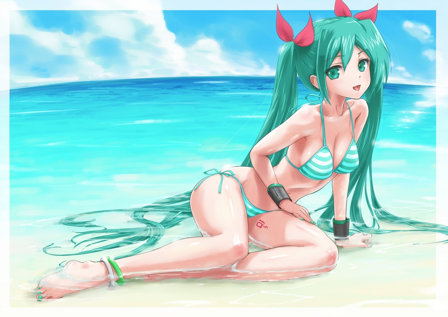 nass strand lange haare bikini badeanzug twintails wasser hatsune miku