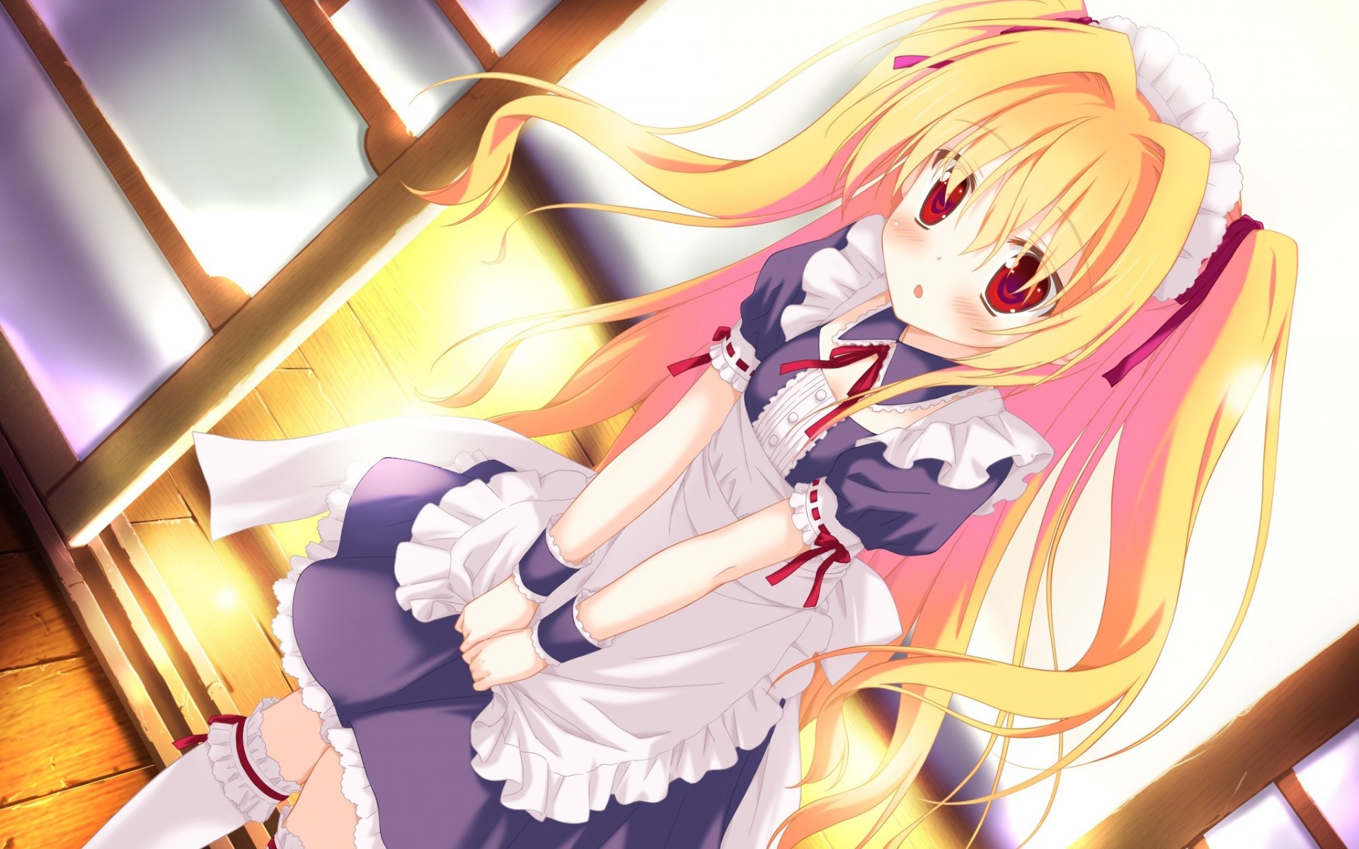 tapes blonde hair blush maid red eyes apron long hair stockings dre