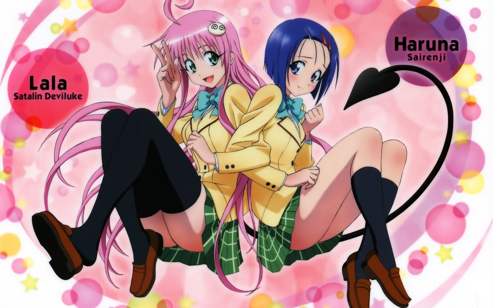 pelo corto pelo rosa sairenji haruna lala satalin deviluke pelo largo 2girls thighhighs cola de caballo pelo azul