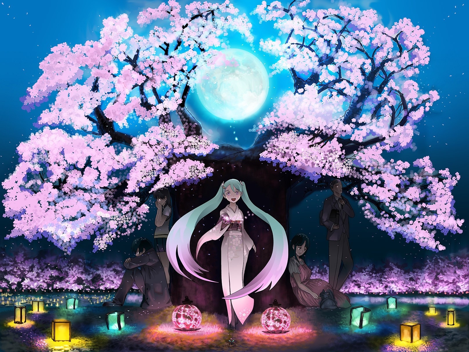 petals cat animals japanese clothes cherry kimono moon hatsune miku