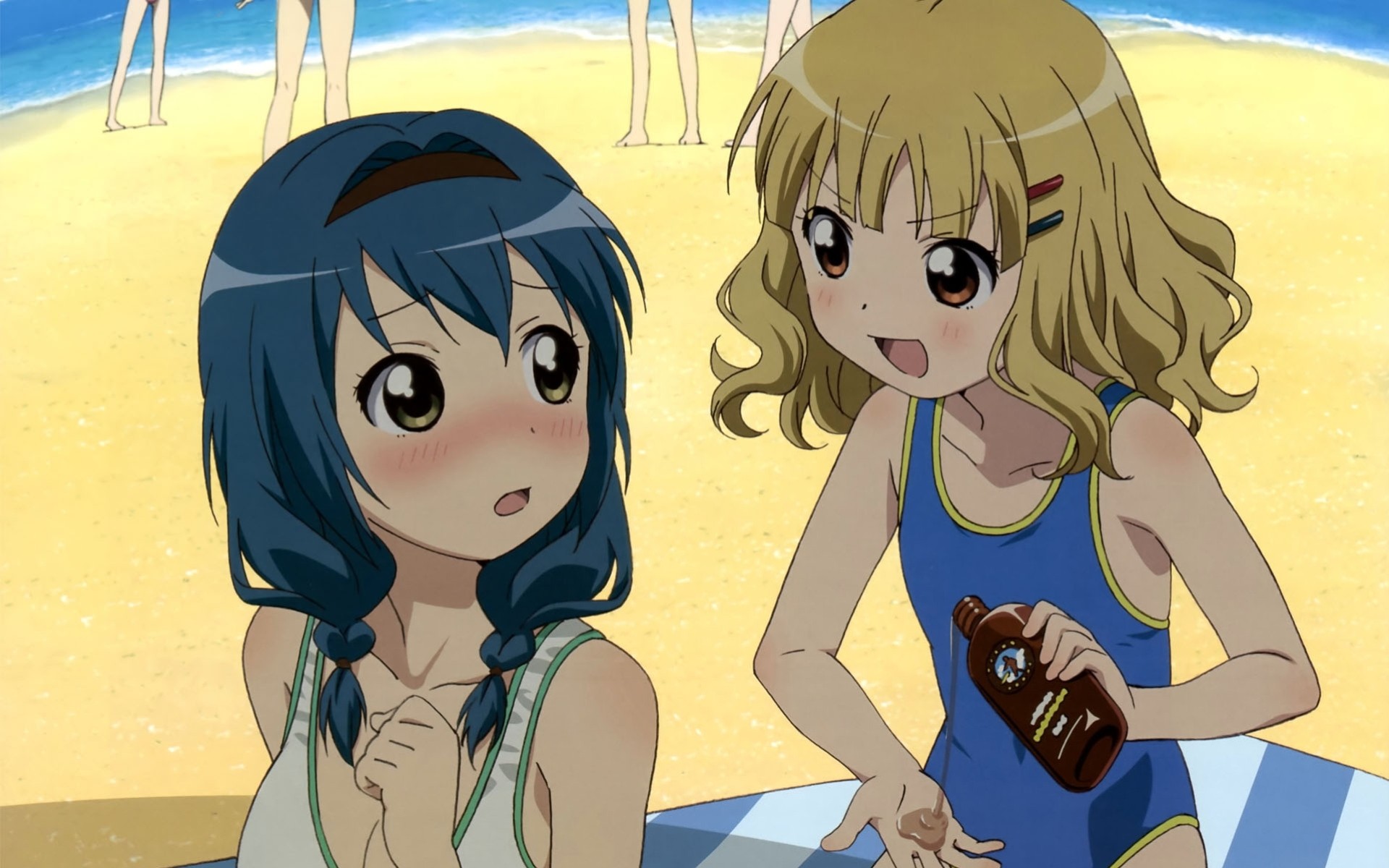 brown eyes towel omuro sakurako beach blonde hair blush swimsuit green eyes 2girls water himawari furutani blue hair