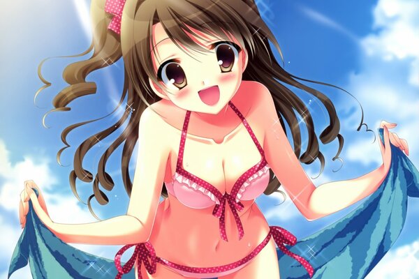 Dziewczyna anime z brązowymi włosami w bikini