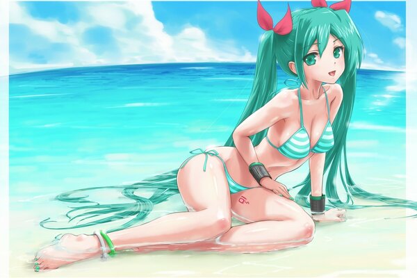 Beach. Anime girl in a bikini