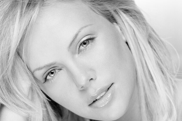 Black and white portrait of Charlize Theron