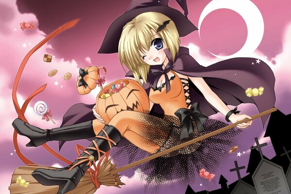 A young witch girl on a broom with a pumpkin