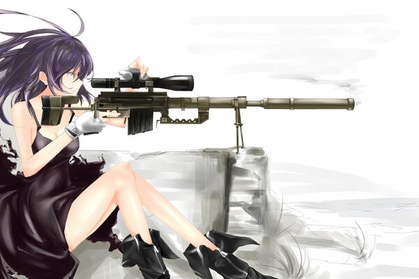 A girl with long purple hair takes aim with a gun