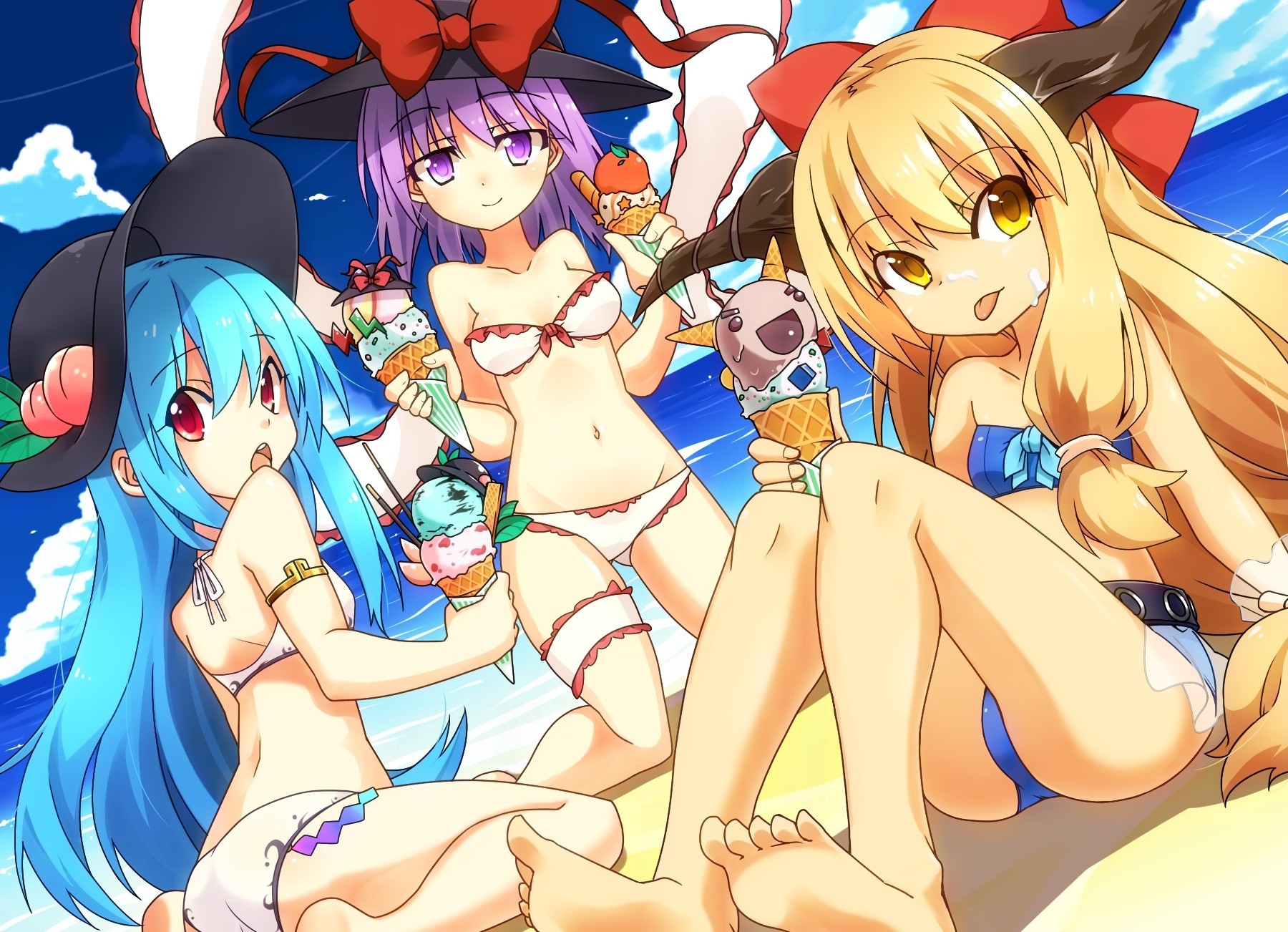 ky clouds bikini swimsuit 3girls blue hair orange blonde hair hat red eyes horn long hair water food short hair tapes barefoot hinanawi tenshi torment purple hair fruits purple eyes ice cream beach