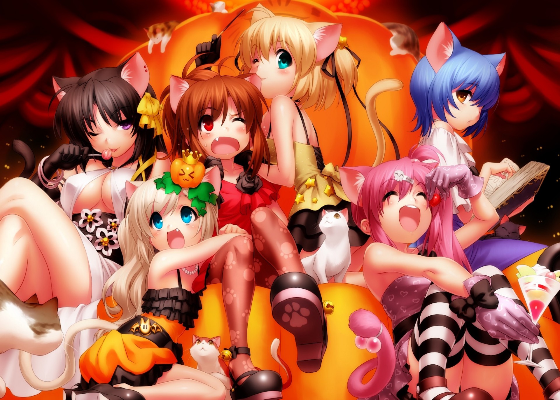 book thighhighs blue hair pink hair blonde hair pumpkin white hair animal ears brown hair lollipop catgirl cat animals tail stocking