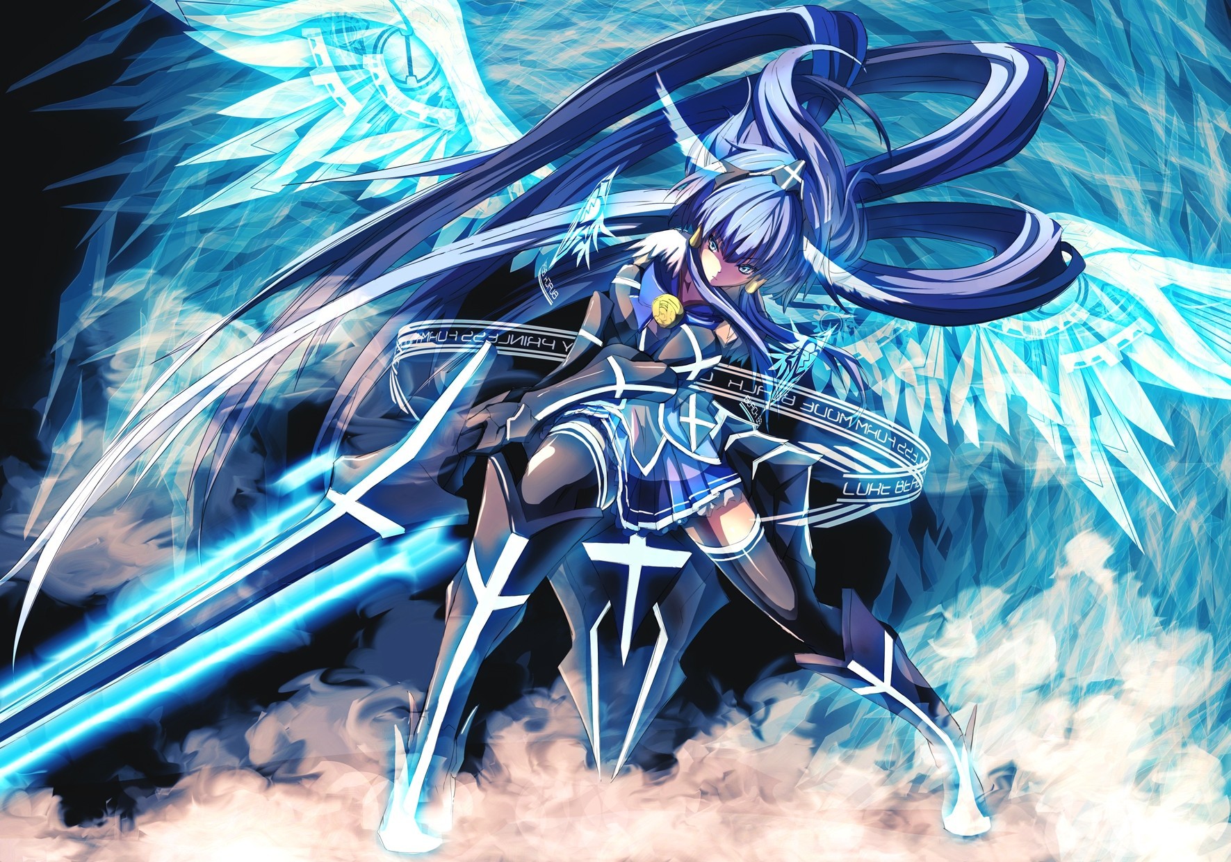 weapon long hair sword wings blue hair