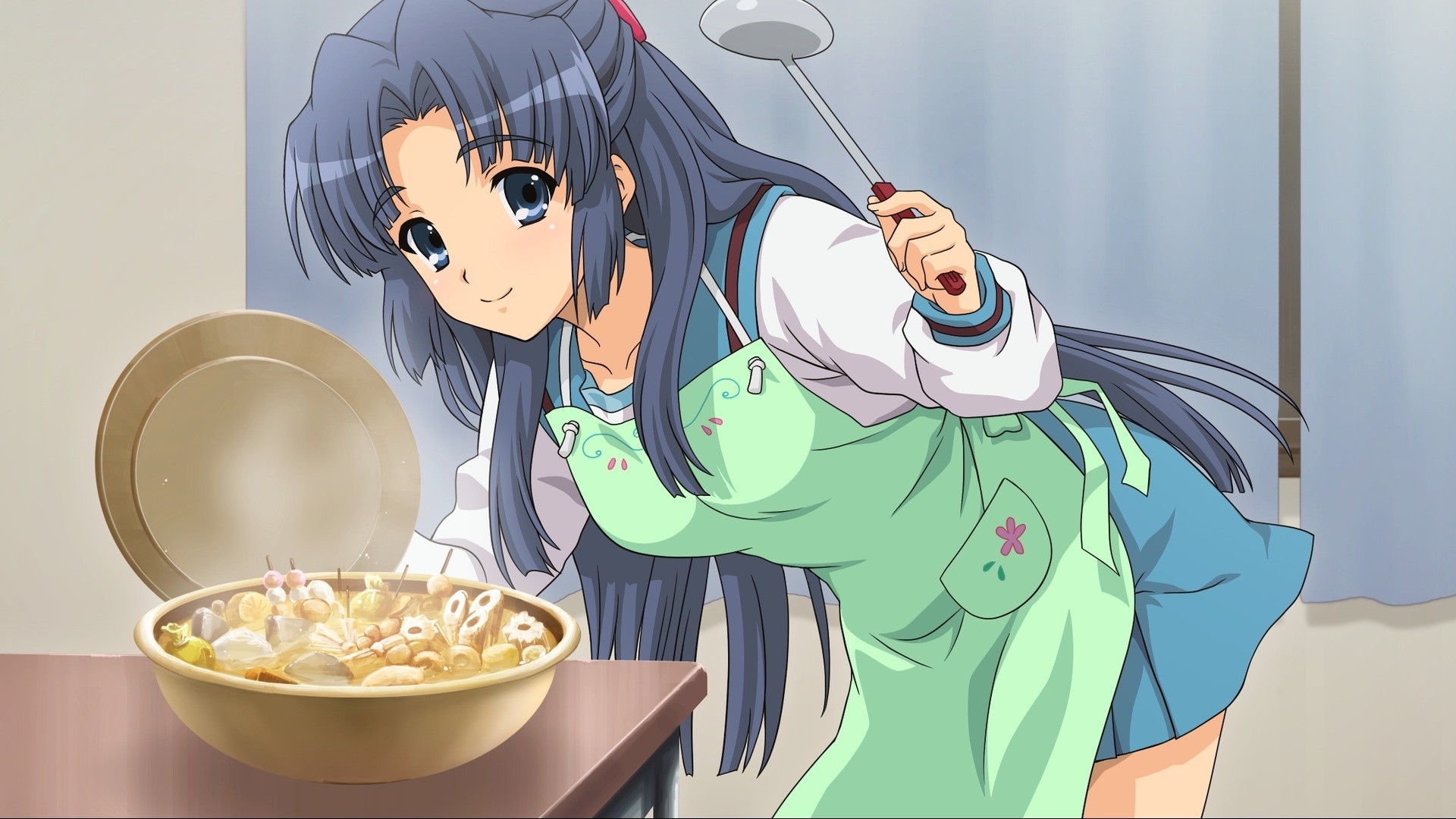 blue eyes seifuku apron long hair food blue hair