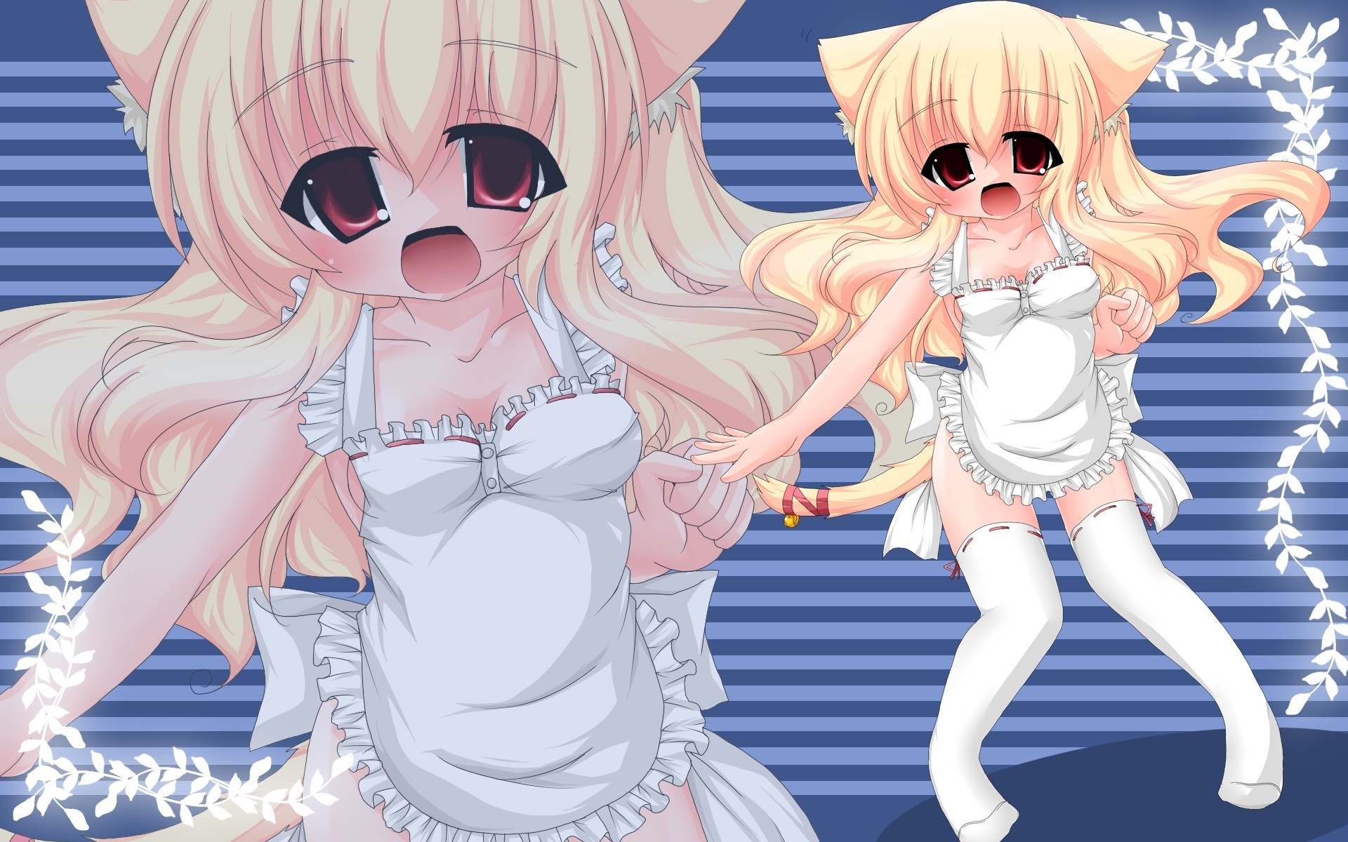 tapes zettai ryouiki blush blonde hair red eyes apron long hair tail catgirl animal ears thighhigh