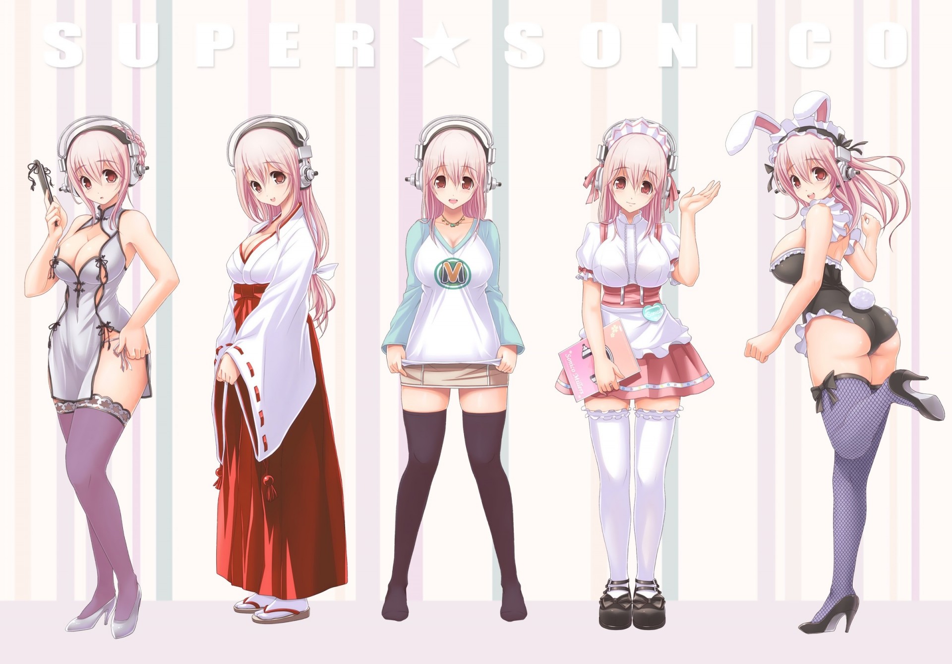 pink hair waitress maid red eyes japanese clothes bunnygirl stockings thighhighs headwear headphones animal ear