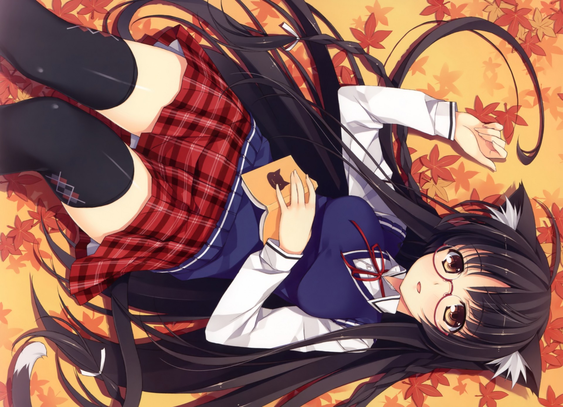 brown eyes seifuku black hair long hair book thighhighs catgirl sunglasses animal ears tail