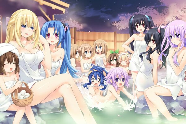 Viele Mädchen baden und plaudern. Anime