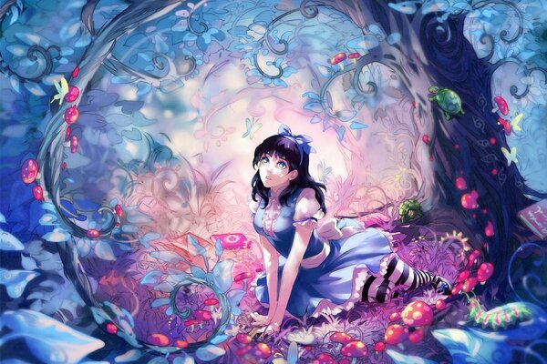 Fille aux yeux bleus est assis sous un arbre. anime