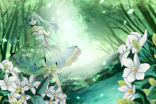 Hatsune miku in the forest among flowers. anime