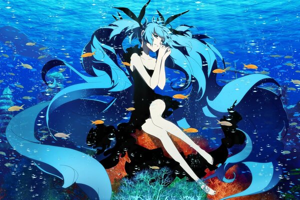 Vocaloid in the world of the sea. Anime with blue hair