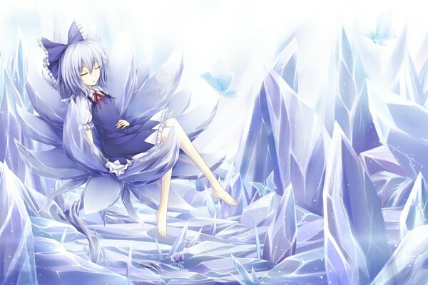 Fille dort sur une fleur parmi les cristaux. anime