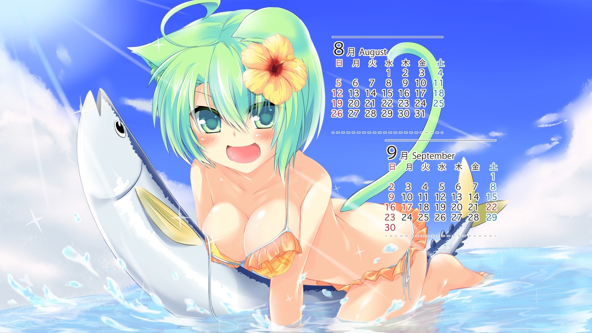 fish swimsuit green hair animals green eyes water catgirl animal ears tail summer