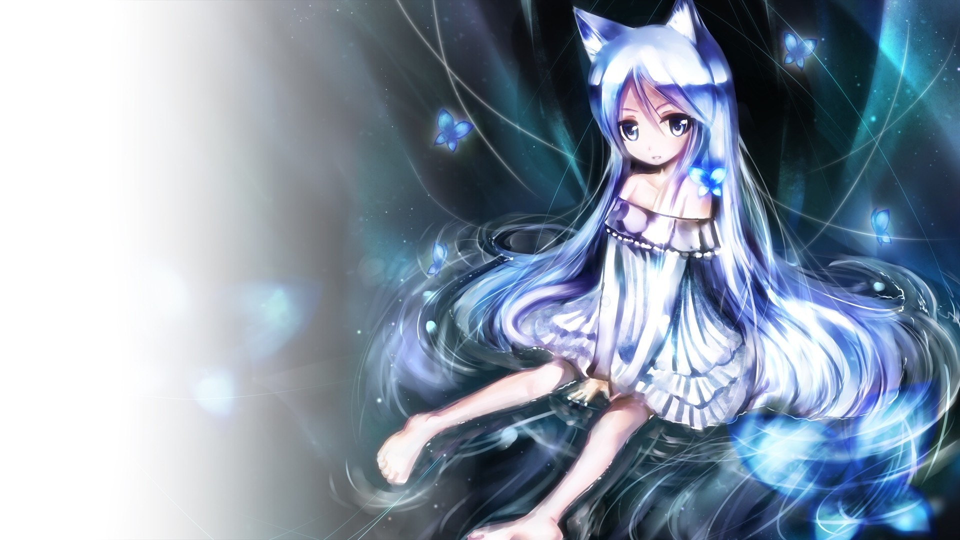 blue eyes light barefoot white hair catgirl long hair water dress animal ear