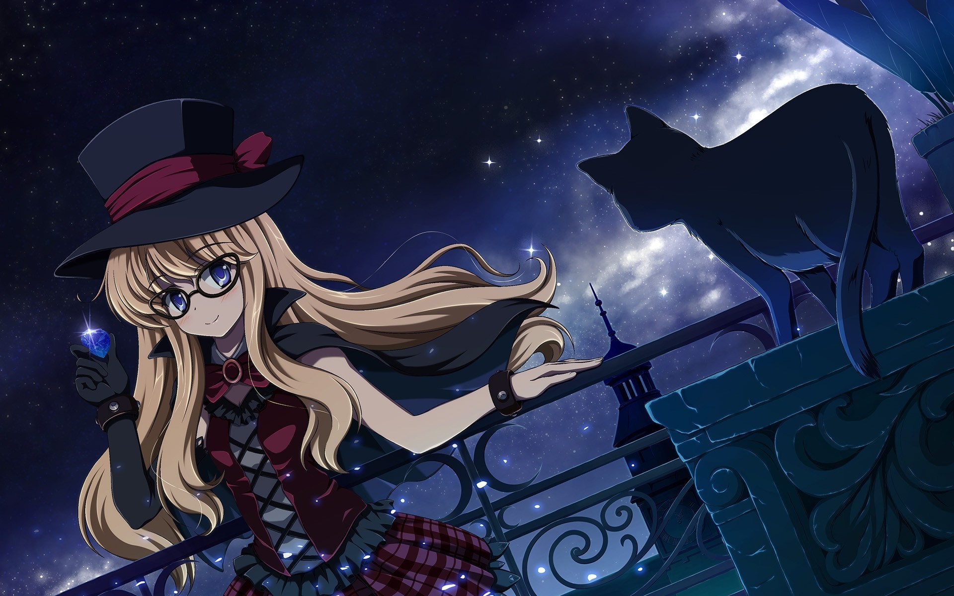 ky blue eyes blonde hair hat cat torment night animals long hair gloves dress blush sunglasse