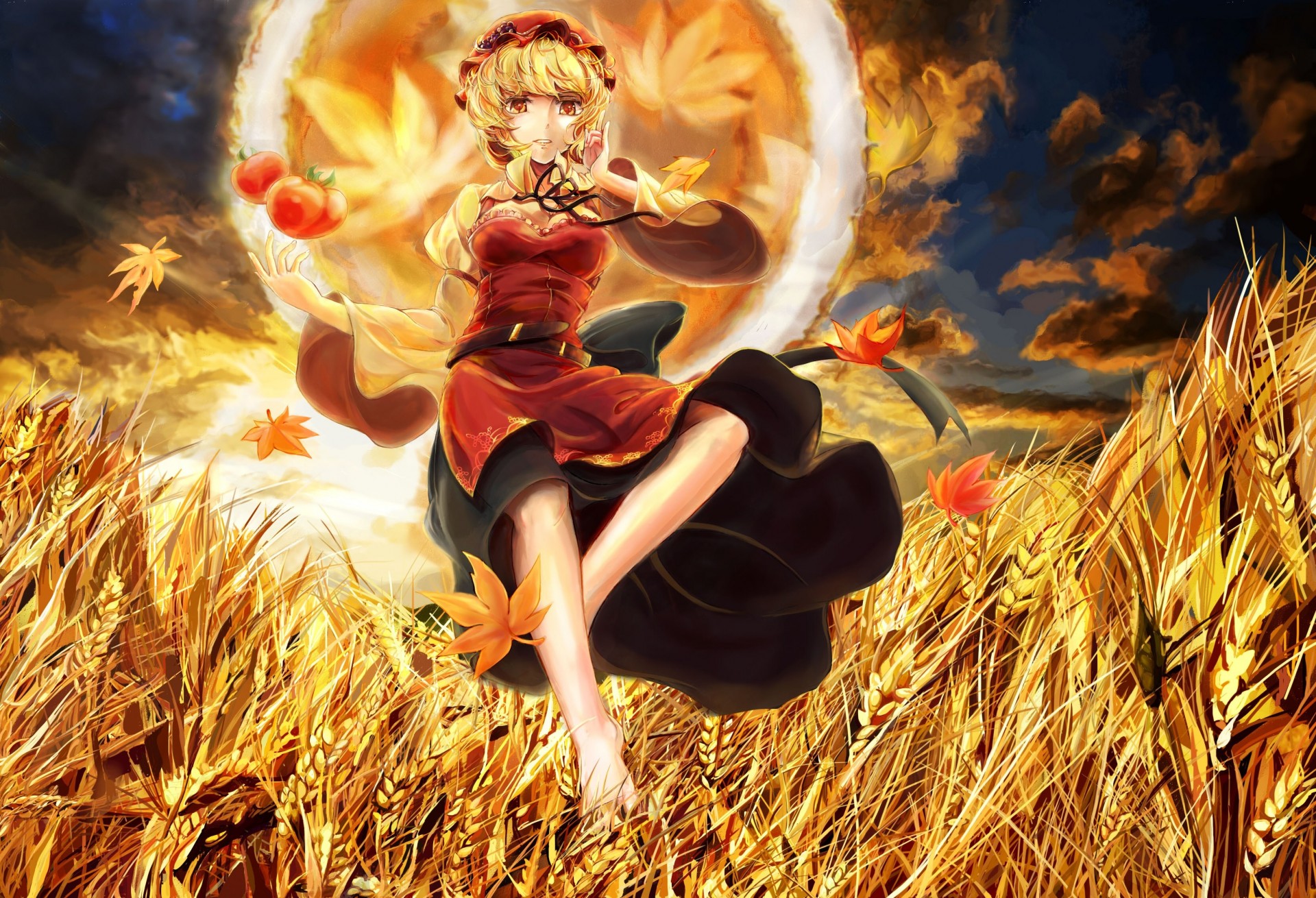 ky short hair blonde hair hat clouds sheet aki minoriko autumn food fruit