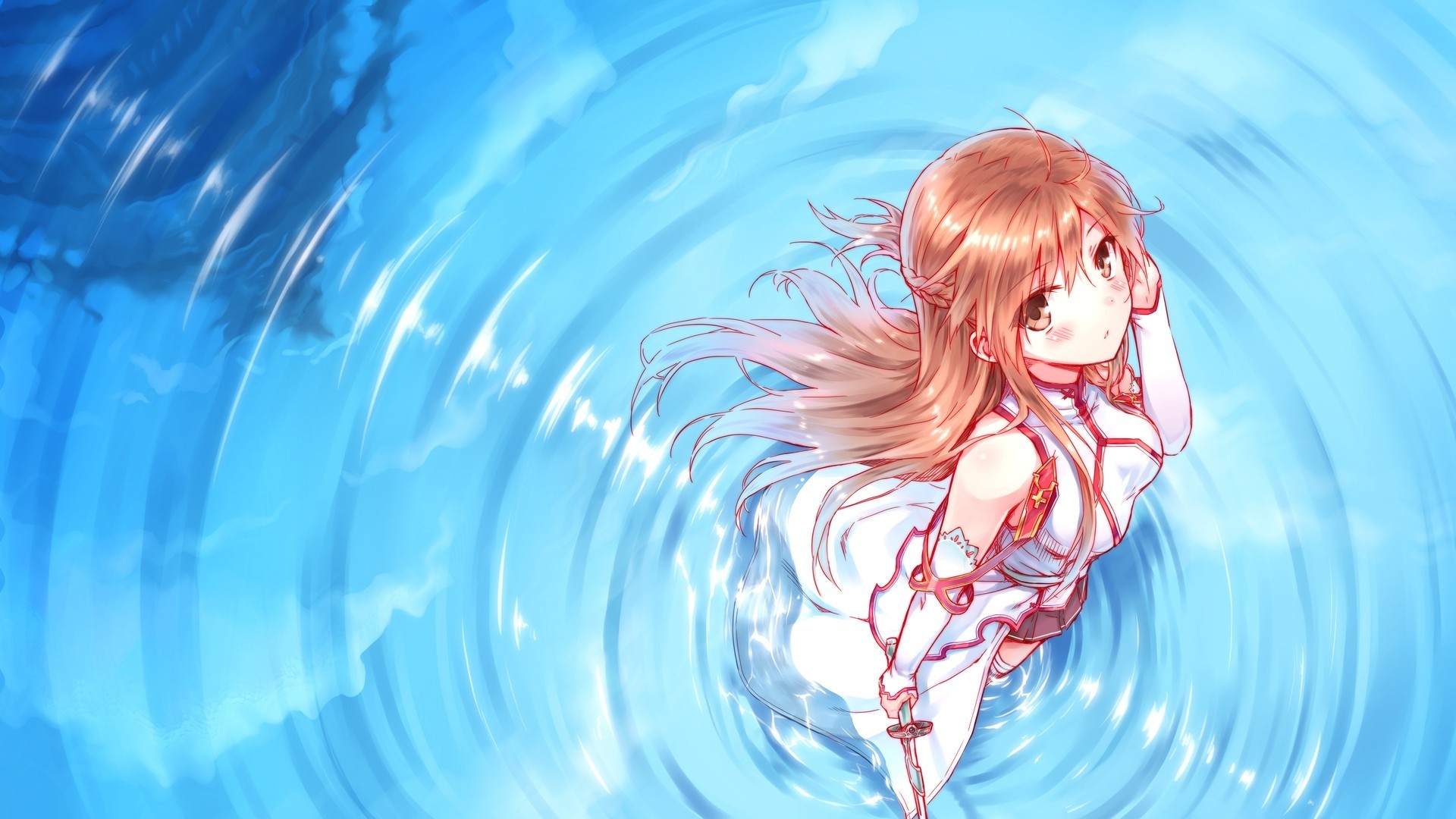 brown eyes skirt blush weapon long hair yuuki asuna stockings sword water brown hair