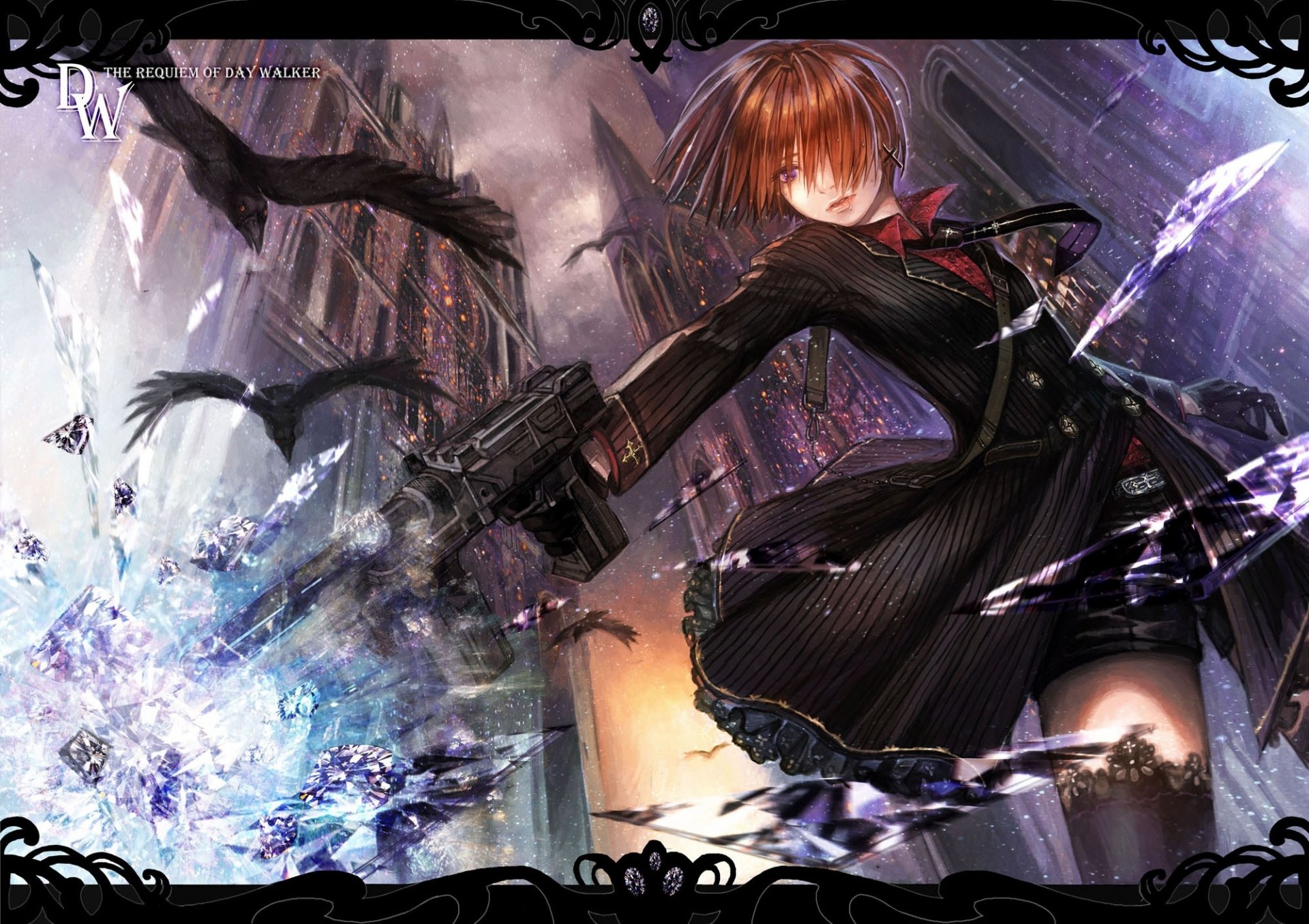 red hair flying fortress short hair gloves weapon purple eyes animals birds bind suit thighhighs brown hair