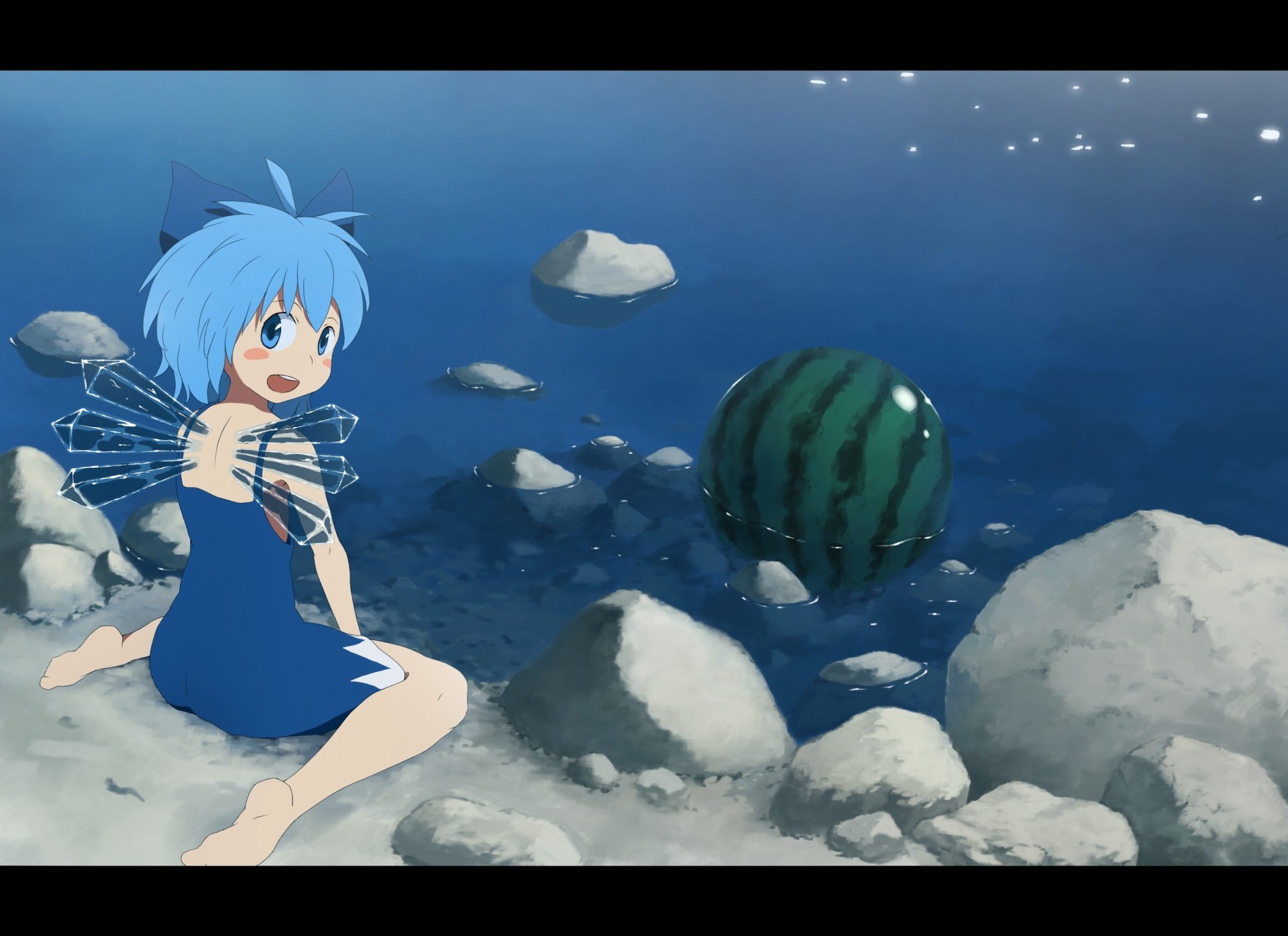 blue eyes short hair wings barefoot blush water watermelon blue hair