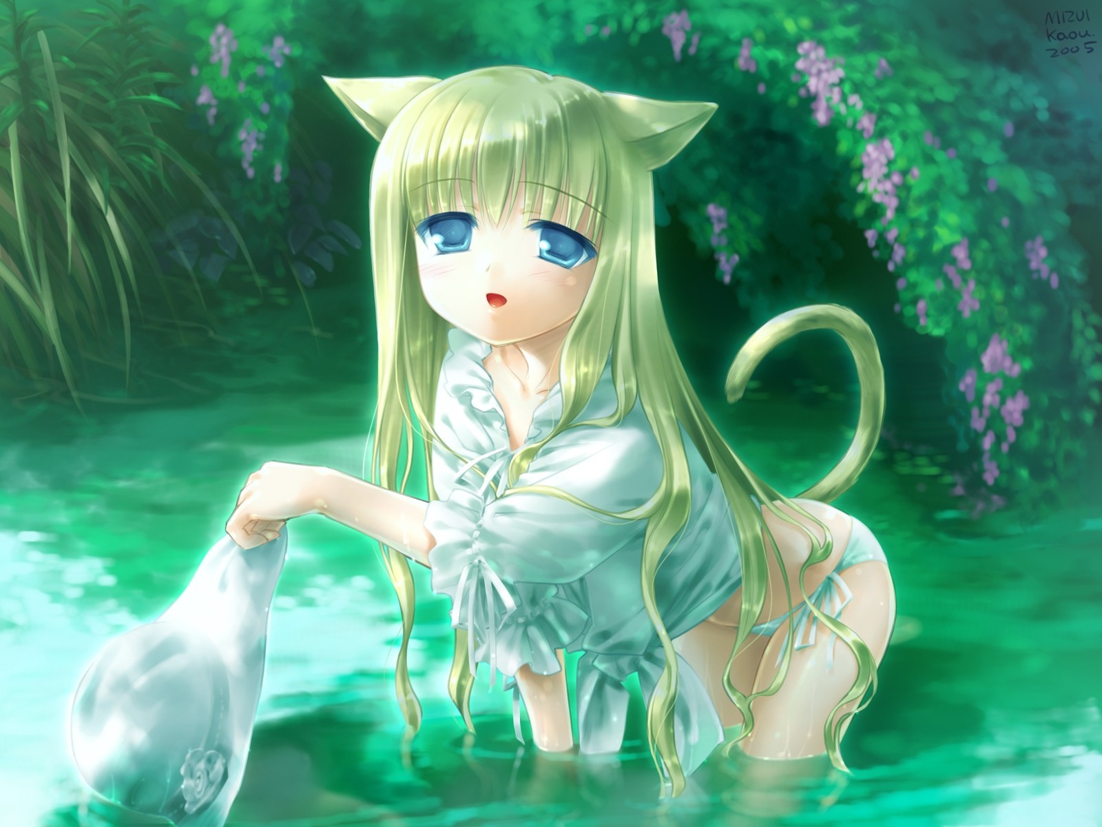 yeux bleus chapeau maillot de bain tagme cheveux longs eau fleurs catgirl oreilles d animaux