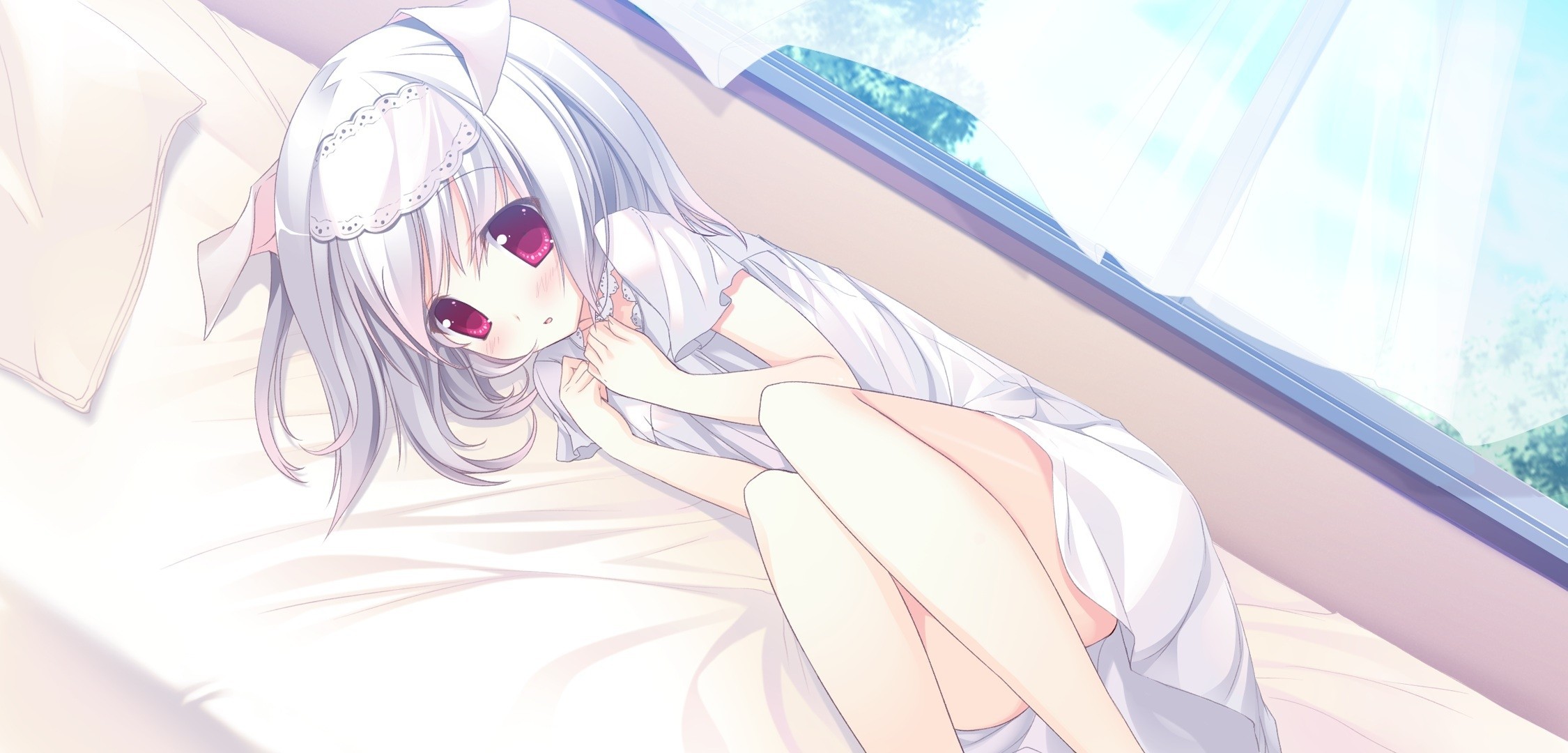 bed white hair blush