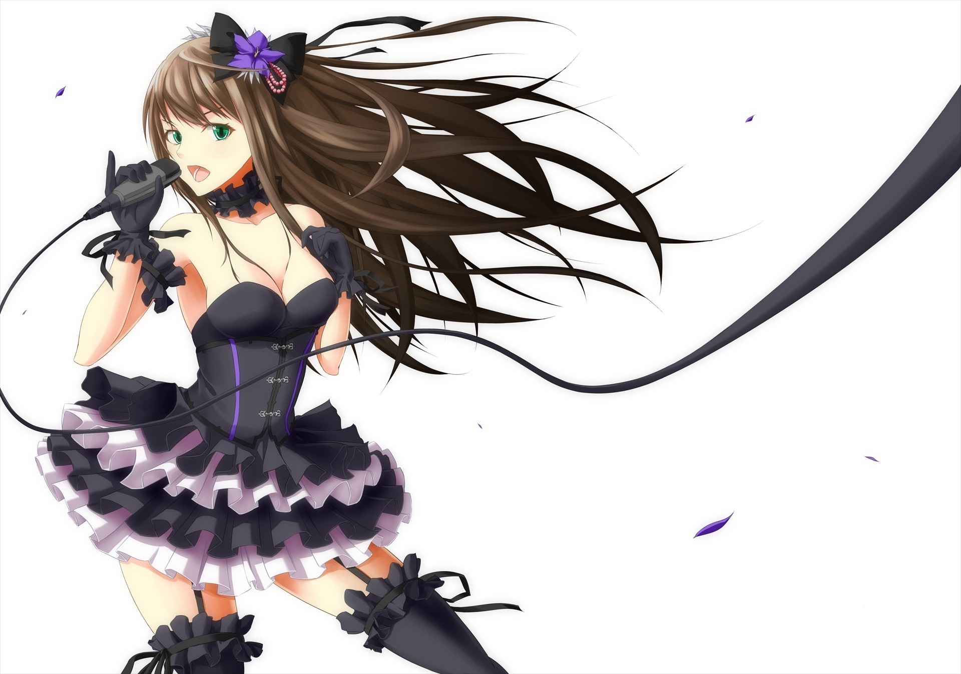 necklace petals dress torment white gloves green eyes long hair stockings microphone thighhighs brown hair