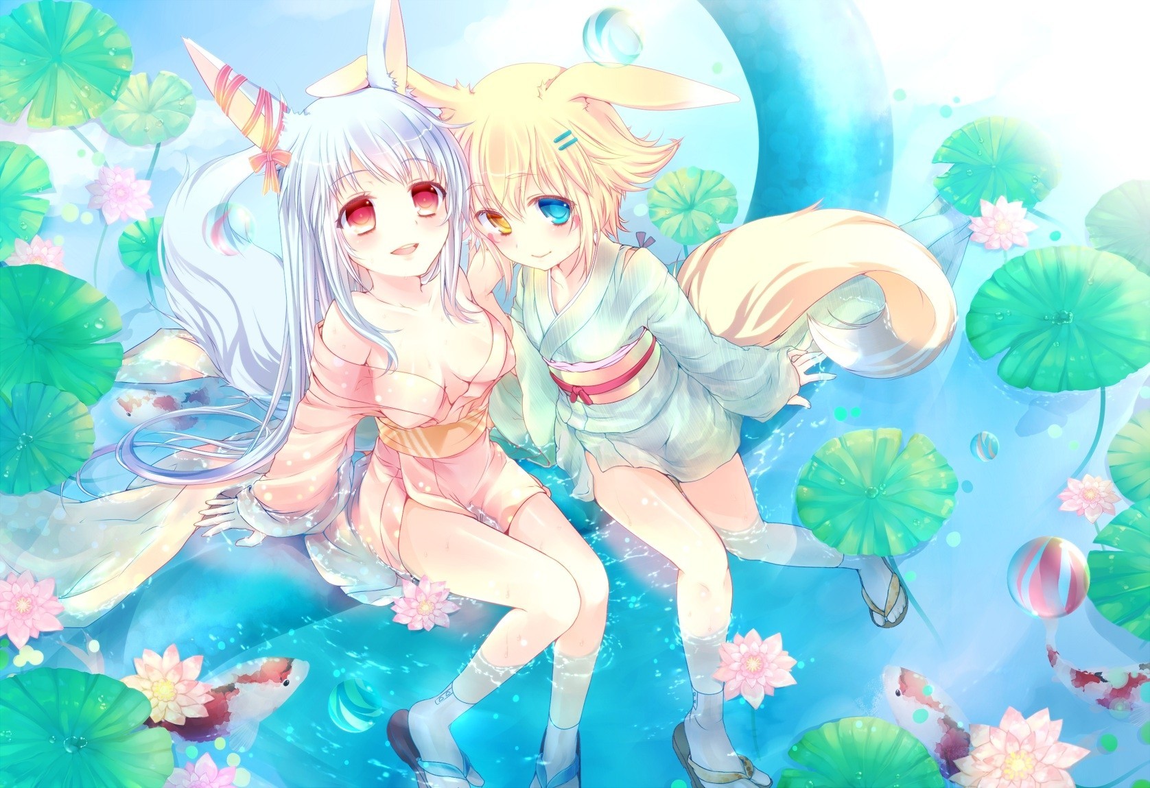 hort hair fish tapes blonde hair white hair 2girls pink eyes long hair animals japanese clothes kimono water flower blush animal ears tail