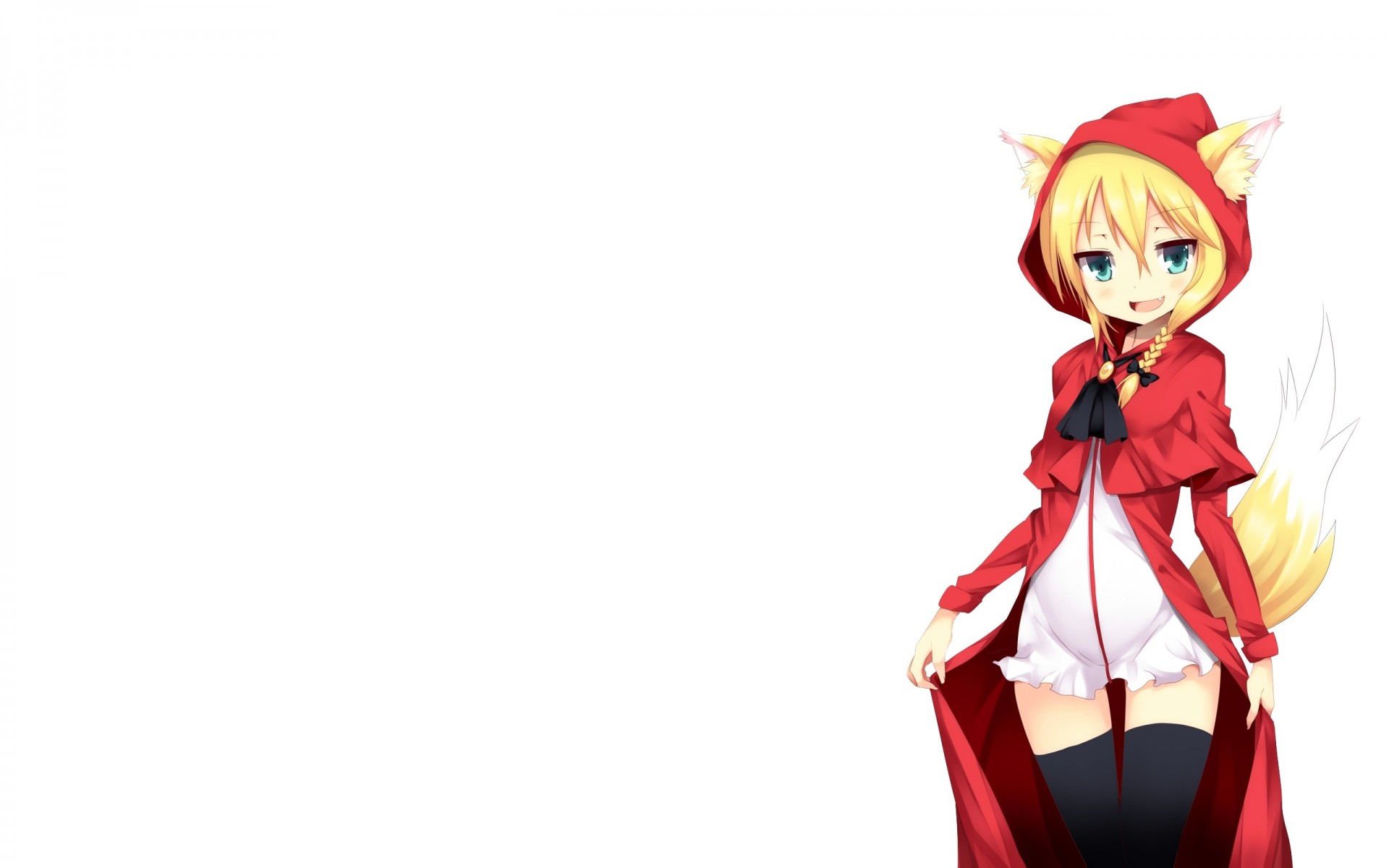 blonde hair animal ears red riding hood long hair white fang tail blush thighhigh