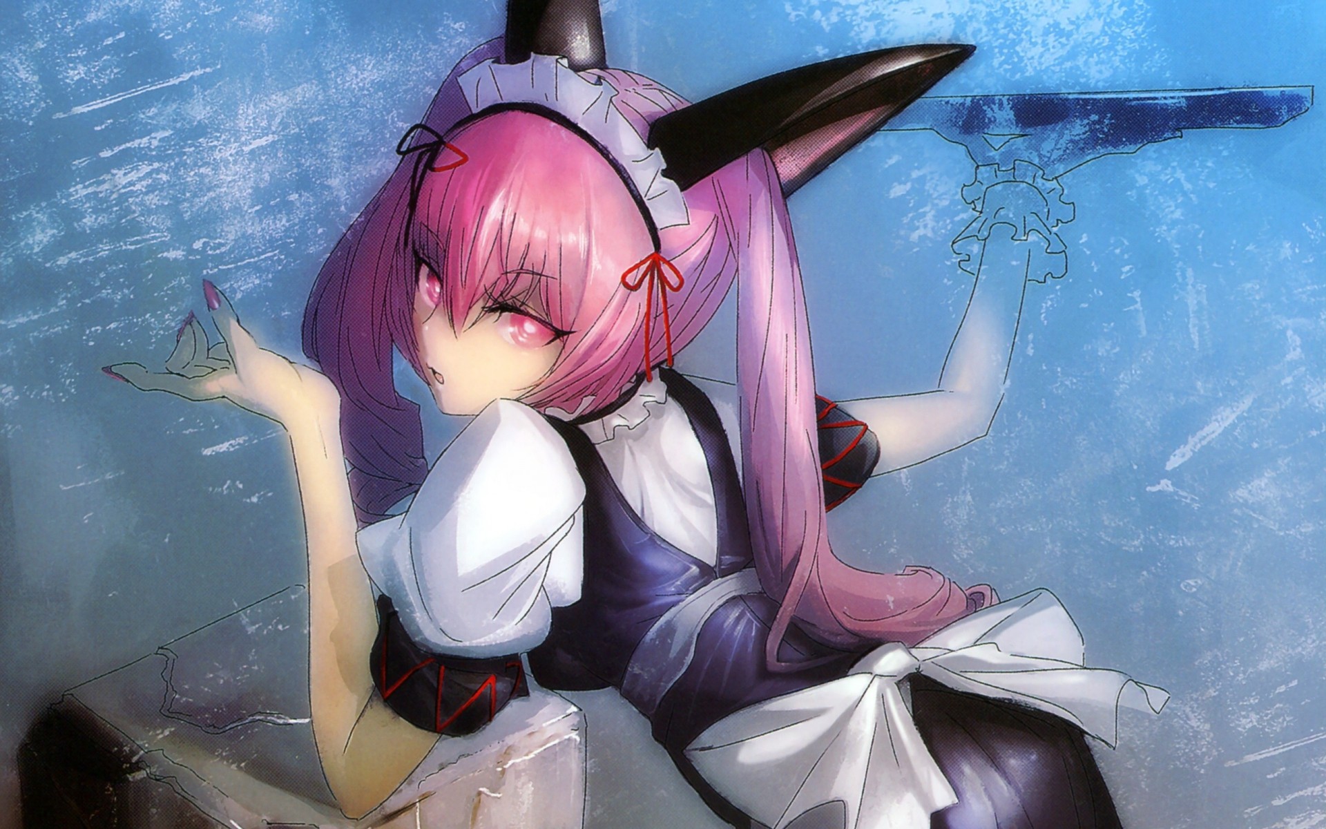 pink hair long hair maid twintails headwear pink eyes animal ear