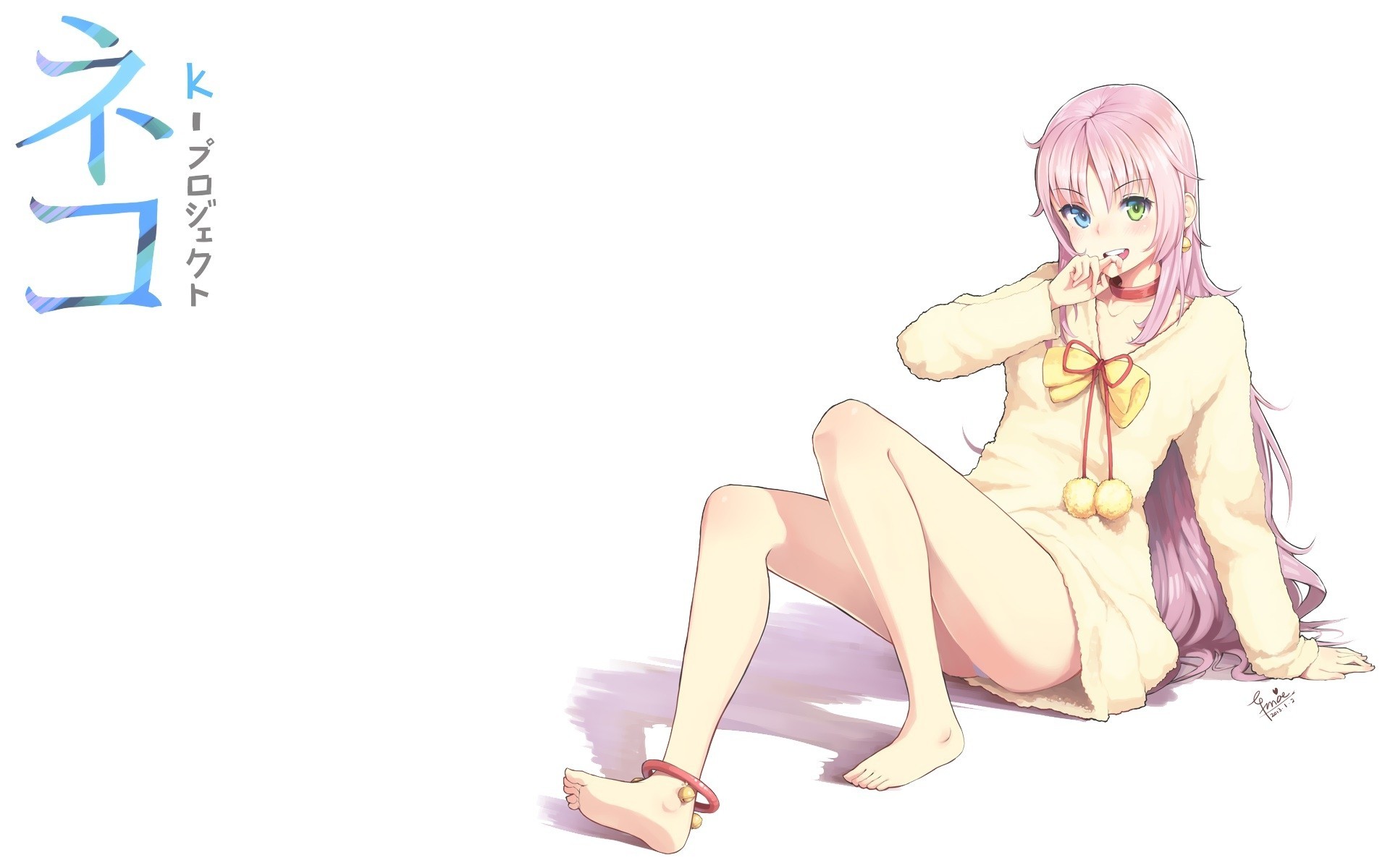 pink hair barefoot long hair blush collar fang