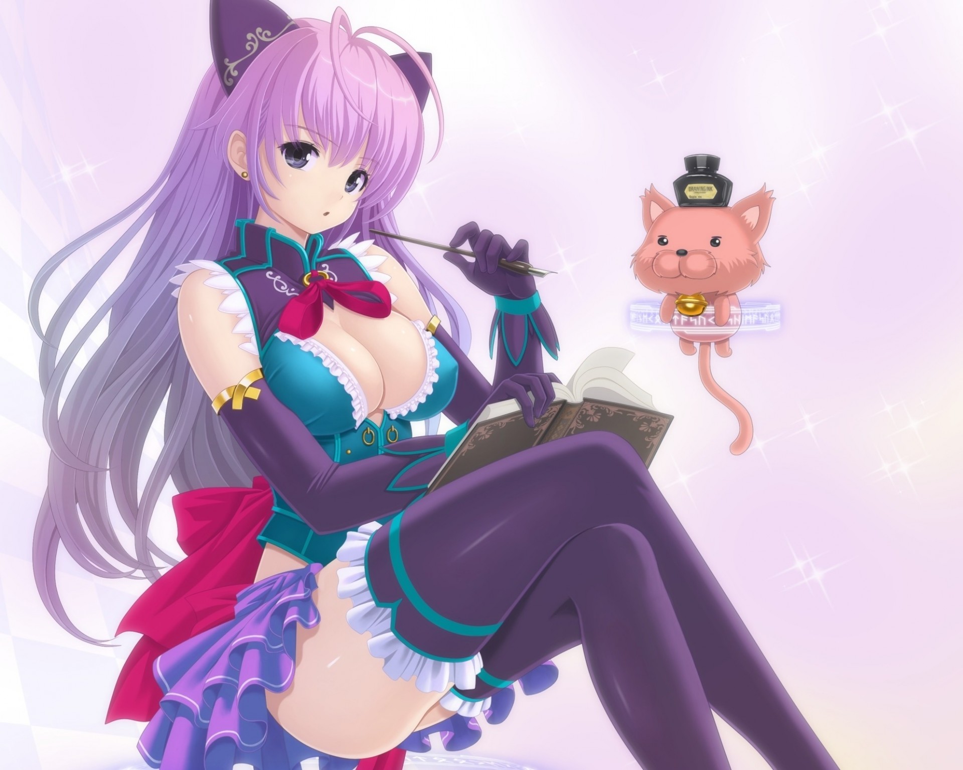 ojos grises arco gato animal pelo largo libro thighhighs catgirl pelo púrpura orejas de animal cola de caballo