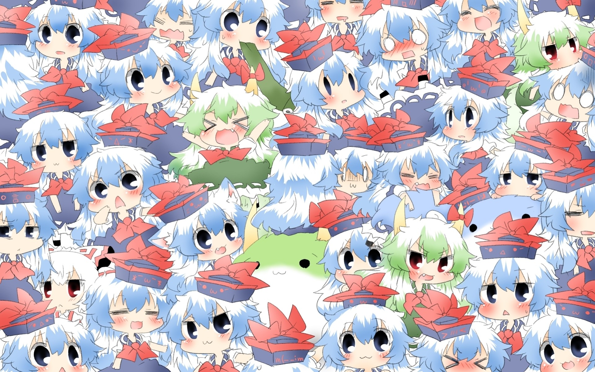 blue eyes short hair hat white hair chibi green hair red eyes horn long hair blush kamishirasawa keine animal ears tail blue hair