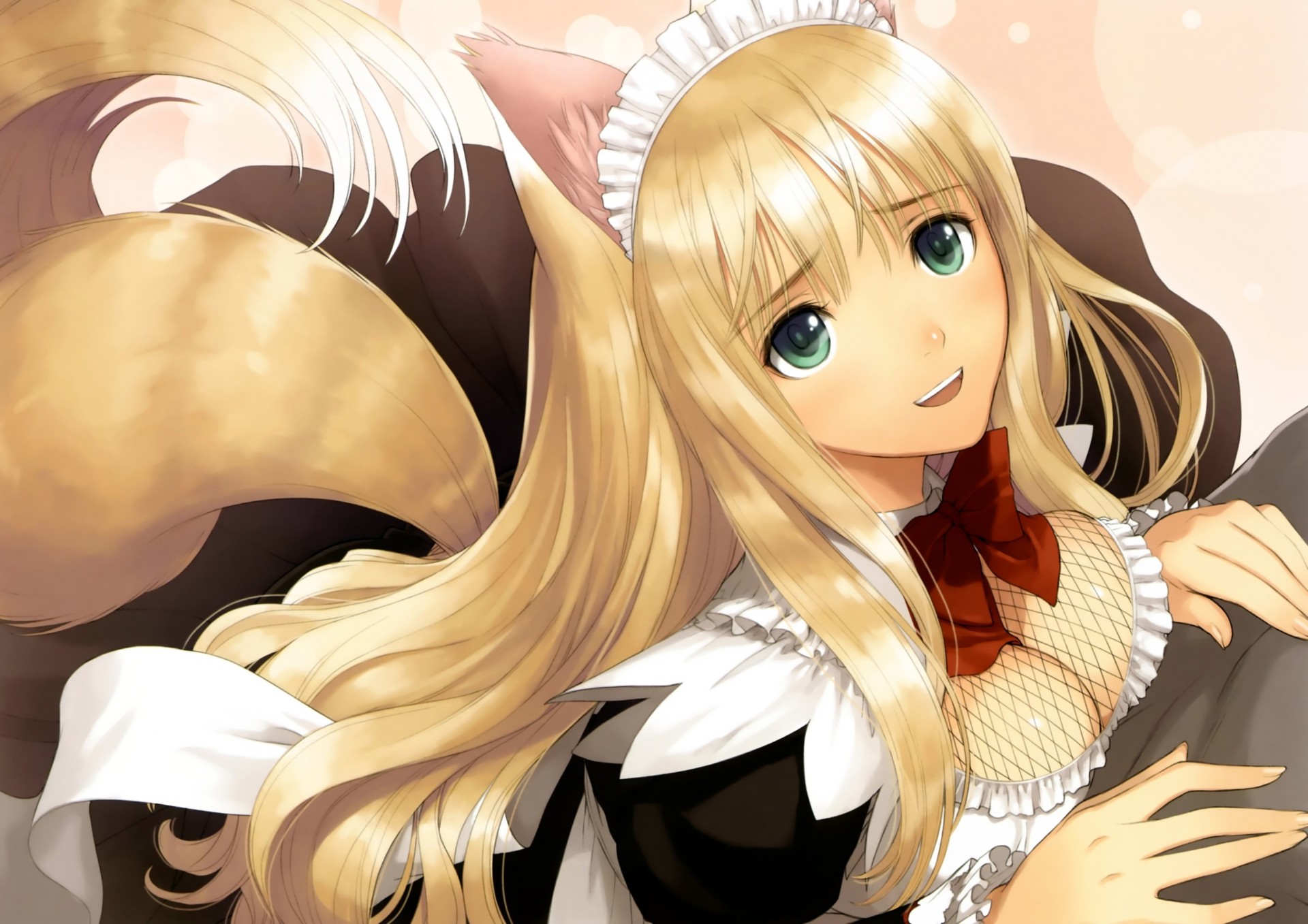 blonde hair maid torment breast long hair headwear green eyes animal ears tail