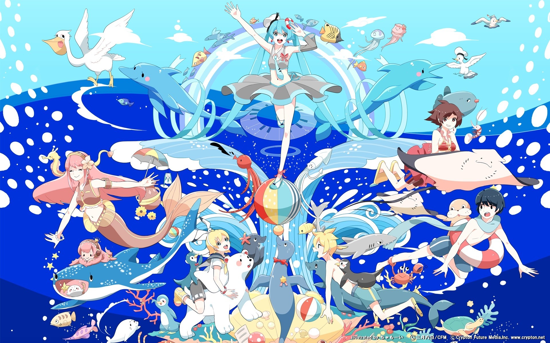 kaito fisch kagamine len kagamine rin wolken bikini badeanzug grünes haar blumen hatsune miku megurine luka rosa haar schildkröte blasen blondes haar mütze schwarzes haar langes haar wasser regenschirm kurzes haar seifuku erröten bogen tier twintai