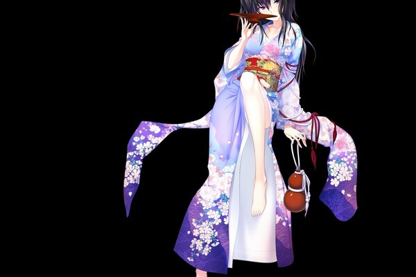 Ragazza con lunghi capelli neri in kimono