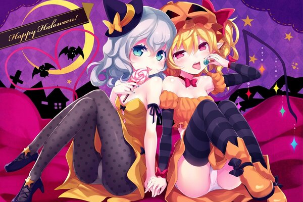 Two made-up girls with their skirts up lick a candy