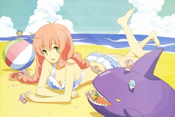 Anime chica en traje de baño en la playa