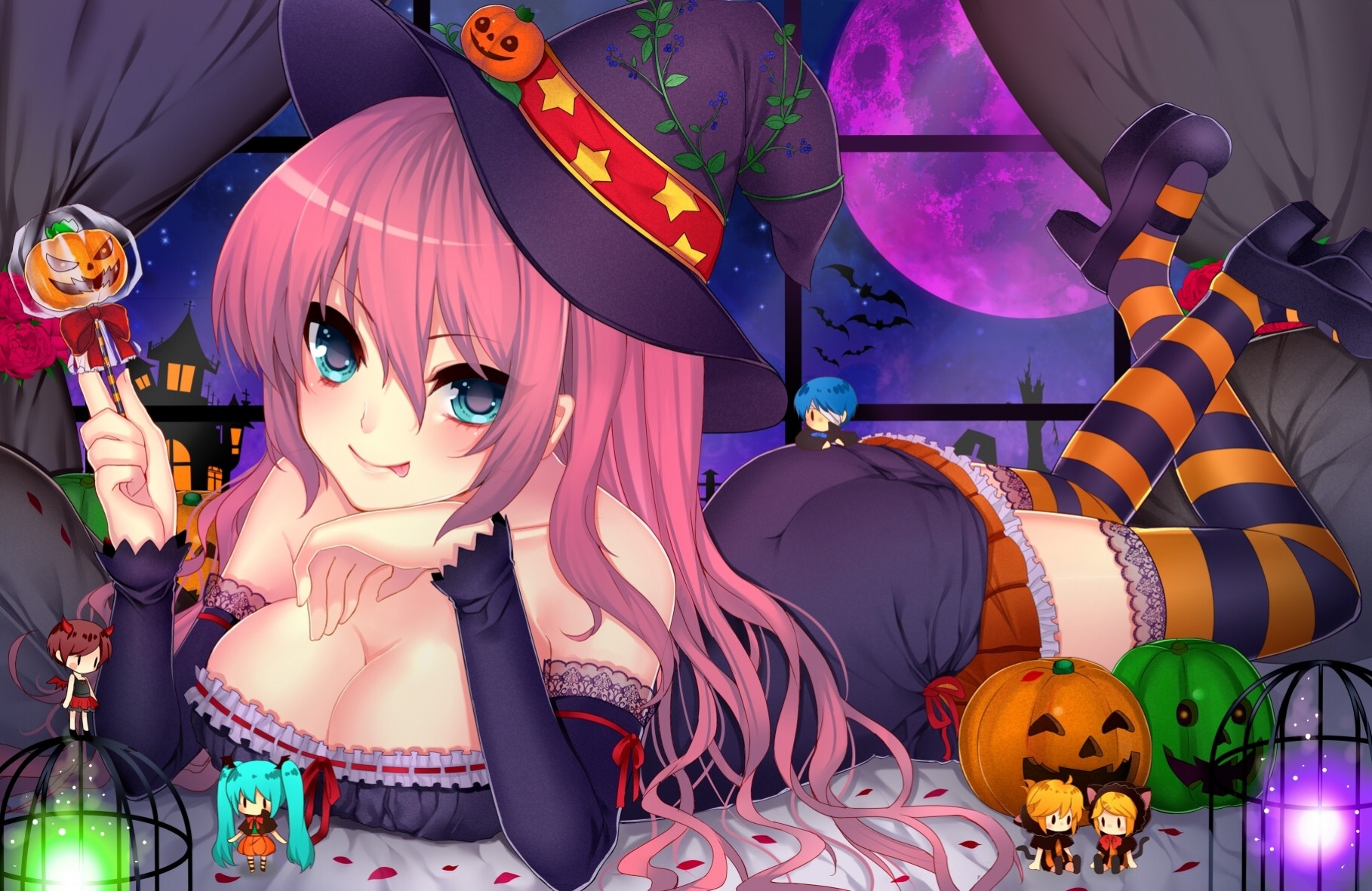 kagamine len kagamine rin chibi witch hat bat kaito meiko pumpkin moon witch hatsune miku megurine luka thighhigh